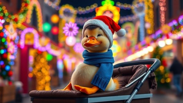 Festive scene with duck in a stroller amid holiday lights, Detroit local news.