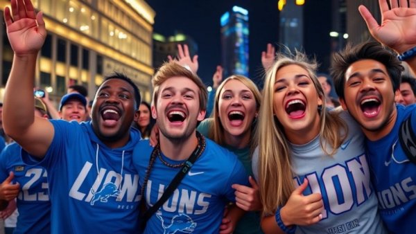 Detroit Lions fans celebrate victory outdoors at night, vibrant city lights.