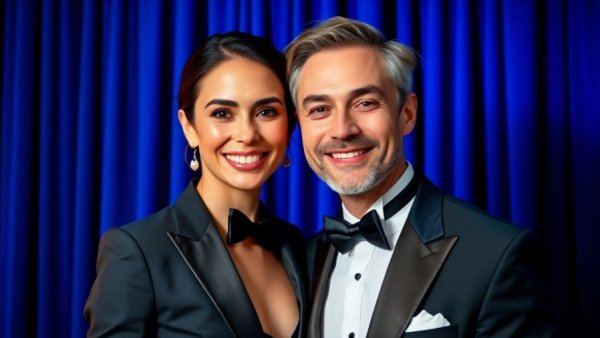 Elegant couple smiling against blue backdrop, showcasing Detroit creative workshops.