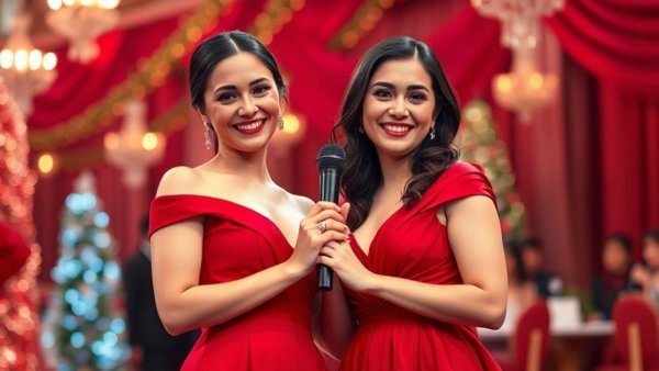 Elegant red dresses at festive Detroit art exhibits event.