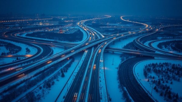 Aerial shot of Metro Detroit highway traffic at night, showcasing road conditions.