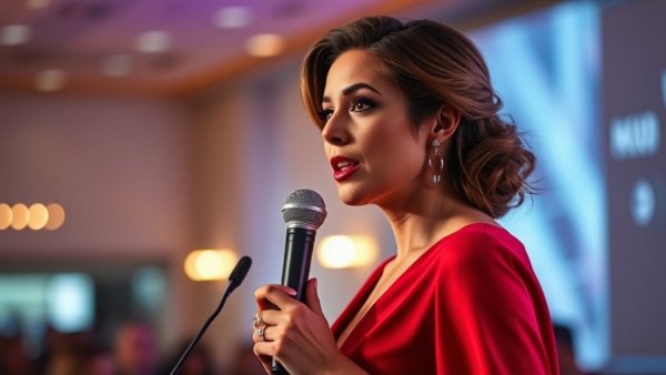Woman in red dress speaking at indoor event, vibrant and detailed.