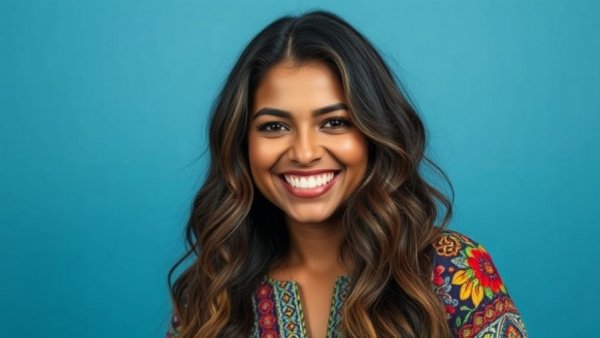 Smiling woman in colorful top against blue background.