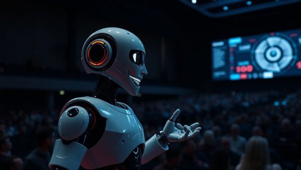 Humanoid robot presenting GPT 5.2 on stage, bright digital display.