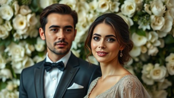 Stylish couple posing against floral backdrop at event
