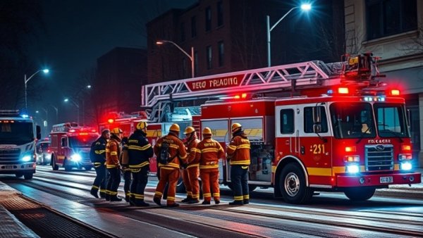 Detroit local news features firefighters at night scene.