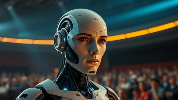 Futuristic humanoid AI presenting technology at Michigan conference.