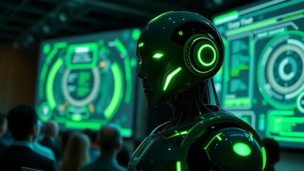 Futuristic AI presentation with humanoid robot and audience at tech conference.