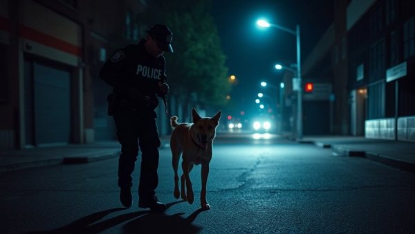 Detroit public safety officers handling dog at night in urban street.