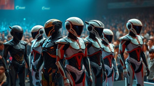 AI Robots 2025 Updates: Futuristic androids on stage with a human.