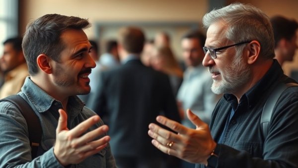 Discussion on Michigan breaking news, two men conversing indoors.