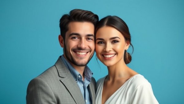 Elegant couple smiling in a photorealistic lifelike portrait.