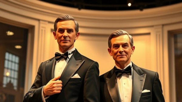 Lifelike wax figures in tuxedos representing cultural icons in film.