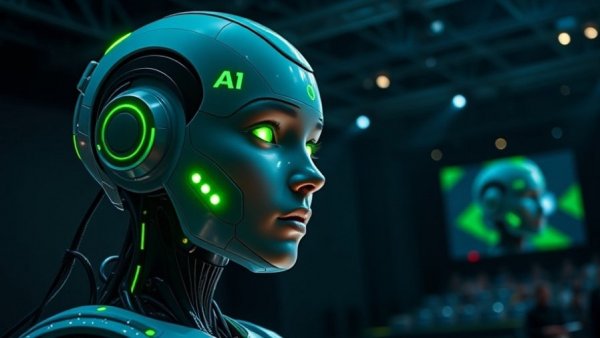 Futuristic AI robot head with green accents presented in Michigan artificial intelligence advancements.