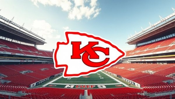 Kansas City Chiefs stadium view with team logo overlay.