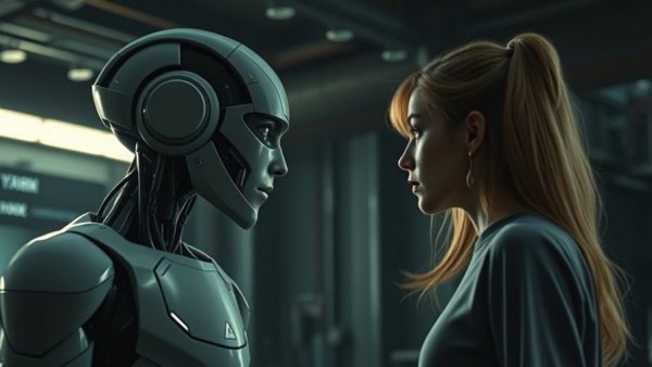 AI realism in content creation depicted with robot and human encounter.