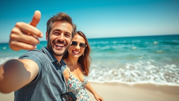 Michigan family members taking a hopeful selfie on a beach, supporting a loved one with cancer.