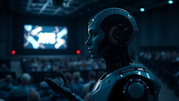 Futuristic AI presentation with a large audience, open-source AI models.