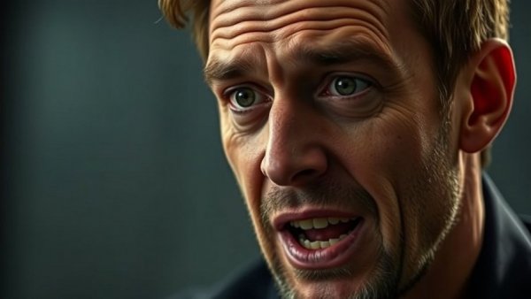 Close-up of man speaking passionately against a dark background.