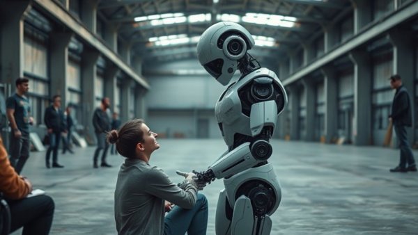 Humanoid robots automation in industrial setting with onlookers.