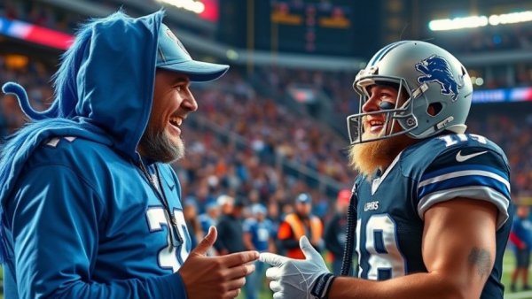 Lions fan interacting energetically with a football player at a sports event, covered by Detroit local news.