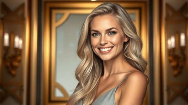 Blonde woman smiling confidently in elegant studio setting.