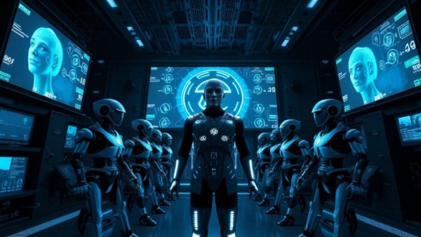 AI predictions for 2026: futuristic tech display with digital avatars and robots.