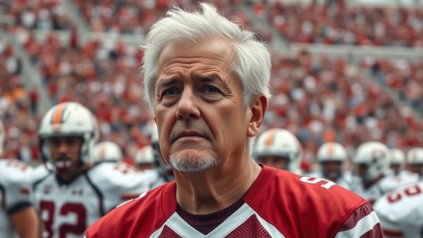 Michigan Wolverines football coach standing with team, on a sports field.