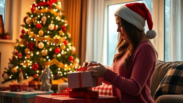 Woman in Santa hat unwrapping gifts by a Christmas tree, festive indoor scene.