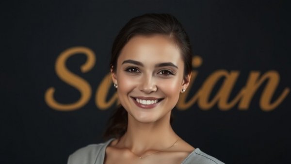 Smiling woman posing in front of awards wall.