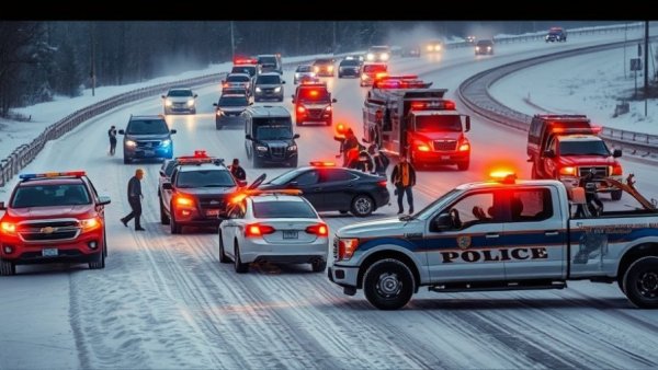 Michigan public safety response at I-75 crash site with police and snowy conditions.