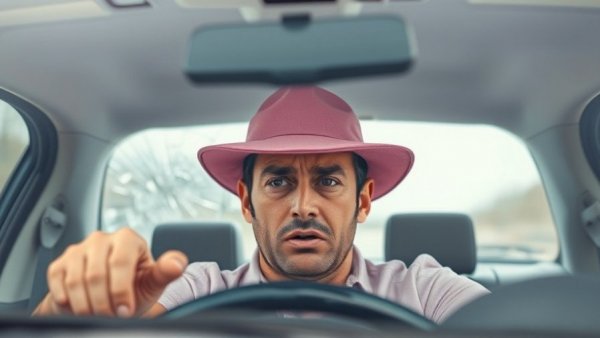 Michigan traffic news, man in hat inside car with cracked windshield.