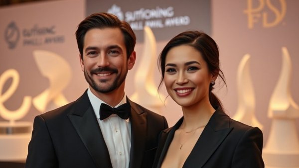 Elegant couple at award event smiling with warm lighting.