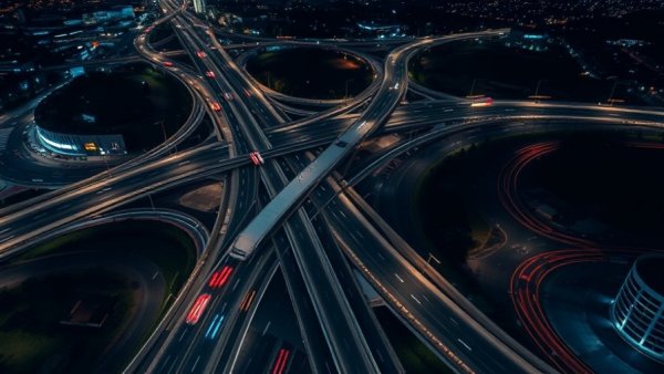 Aerial view of Metro Detroit highway at night in traffic news context.