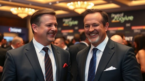 Men enjoying a formal event with a branded backdrop.
