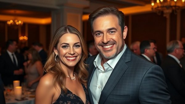 Elegant couple at cultural event smiling, formal attire.