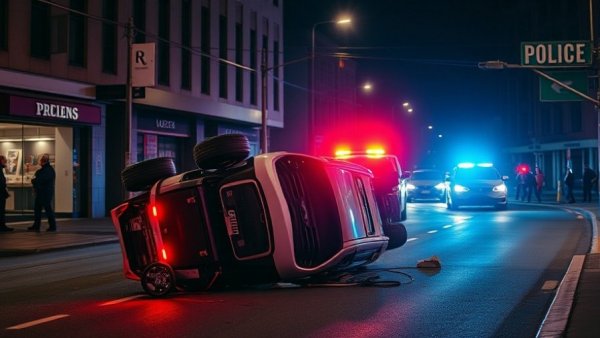 Detroit crime reports scene with overturned vehicle at night.