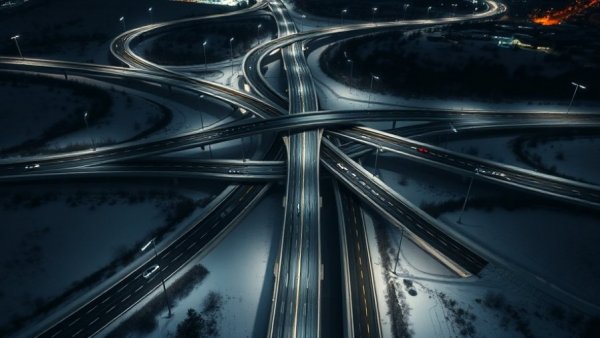 Metro Detroit traffic news: aerial night view of snowy highway.