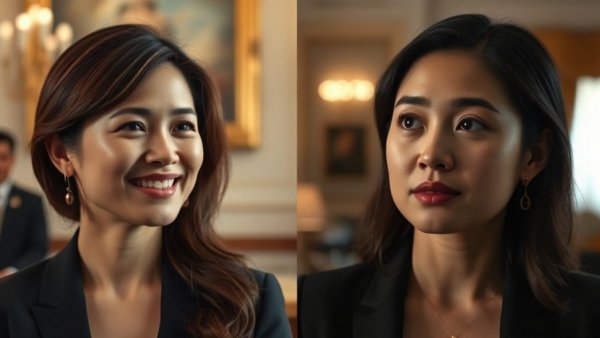 Contrasting emotions in split-screen female portraits.