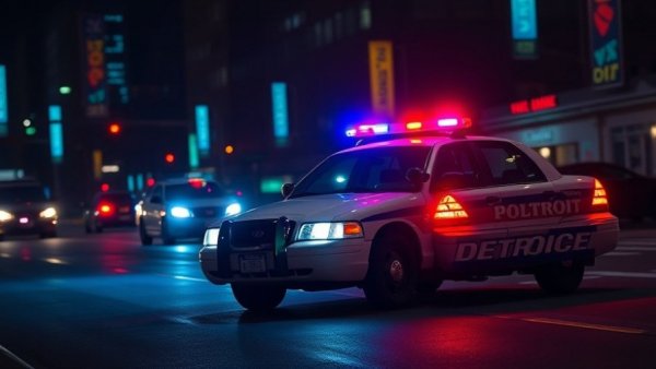 Detroit police car at night with flashing lights, Detroit crime reports.