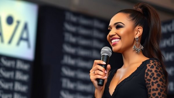 Glamorous woman smiling in elegant dress at event.