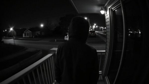 Detroit crime reports: hooded individual on porch from camera footage.