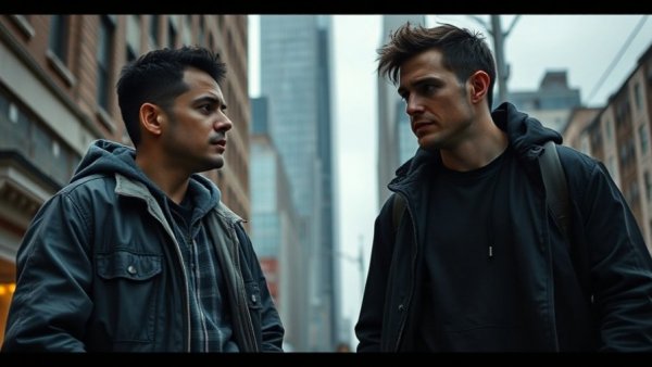 Tense street scene reflecting Detroit crime reports, featuring two individuals.