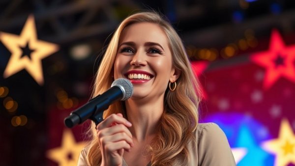 Blonde female speaking on stage with a star background.