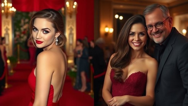 Glamorous woman at event and happy couple candid.