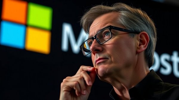 Thoughtful person in front of Microsoft logo, reflecting.