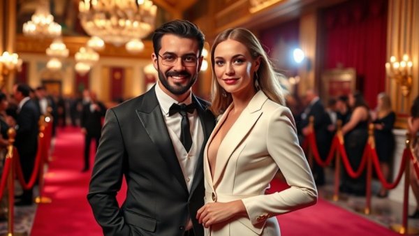 Sophisticated couple at Golden Globes event, capturing attention.