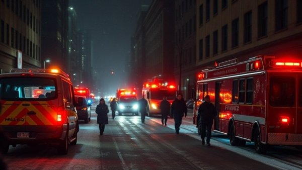 ICE Shooting in Minneapolis scene, emergency vehicles in snowy urban setting.