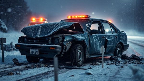 Michigan public safety highlighted by snowy car accident scene.