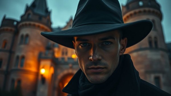 Mysterious fashion scene in torch-lit setting, Alan Cumming inspiration.